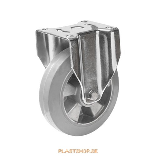 [P2005272] Fixed bracket, plate, wheel diameter 150 mm, building height 194 mm, hub in Aluminium with soft track in Elastiskt Gummi, grå. 300 kg load capacity, dubbla ball bearings