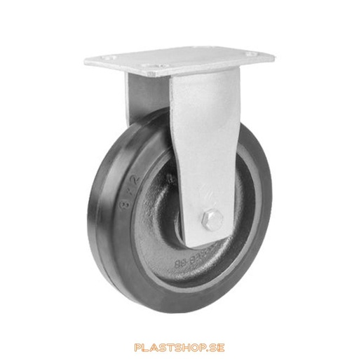 [P2005274] Fixed bracket, plate, wheel diameter 150 mm, building height 200 mm, hub in Gjutjärn with soft track in Elastiskt Gummi, svart. 350 kg load capacity, dubbla ball bearings