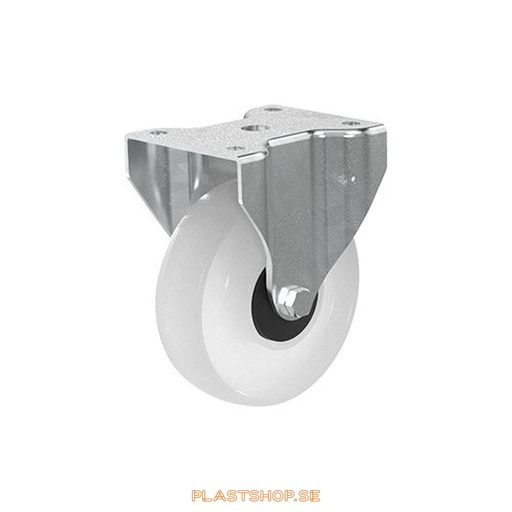 [P2005287] Fixed bracket, plate, wheel diameter 160 mm, building height 195 mm, hard wheel in solid Nylon PA6, natur. 300 kg load capacity, dubbla ball bearings