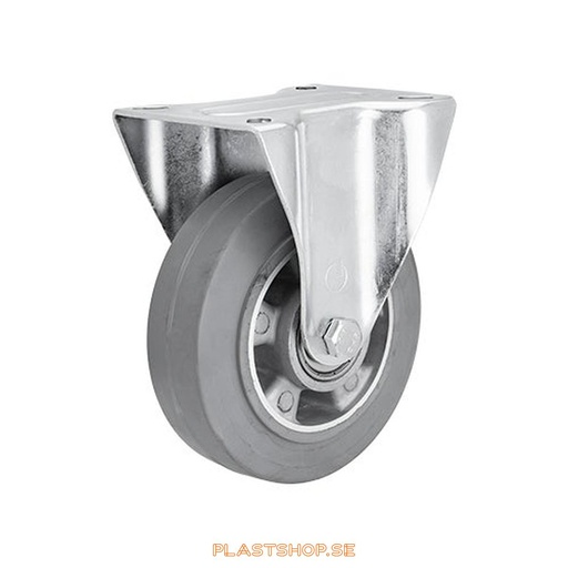 [P2005293] Fixed bracket, plate, wheel diameter 160 mm, building height 196 mm, hub in Aluminium with soft track in Elastiskt Gummi, grå. 350 kg load capacity, dubbla ball bearings