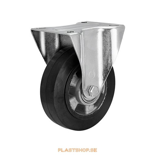 [P2005294] Fixed bracket, plate, wheel diameter 160 mm, building height 196 mm, hub in Aluminium with soft track in Elastiskt Gummi, svart. 350 kg load capacity, dubbla ball bearings