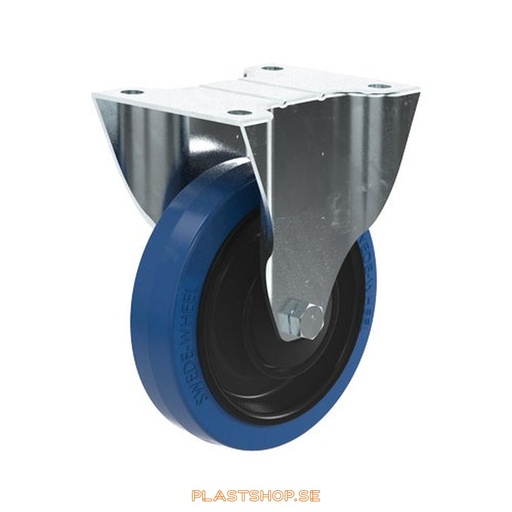 [P2005295] Fixed bracket, plate, wheel diameter 160 mm, building height 200 mm, hub in Nylon PA6 with soft track in Elastiskt Gummi, blå. 350 kg load capacity, dubbla ball bearings