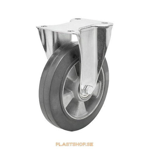 [P2005297] Fixed bracket, plate, wheel diameter 160 mm, building height 196 mm, hub in Aluminium with soft track in Elastiskt Gummi, svart. 350 kg load capacity, dubbla ball bearings