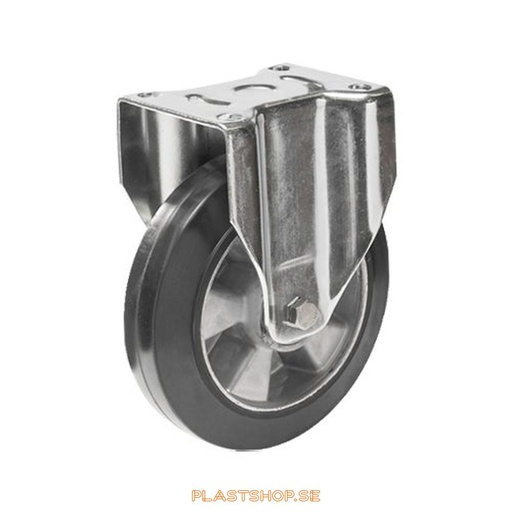 [P2005299] Fixed bracket, plate, wheel diameter 160 mm, building height 199 mm, hub in Aluminium with soft track in Elastiskt Gummi, svart. 350 kg load capacity, dubbla ball bearings