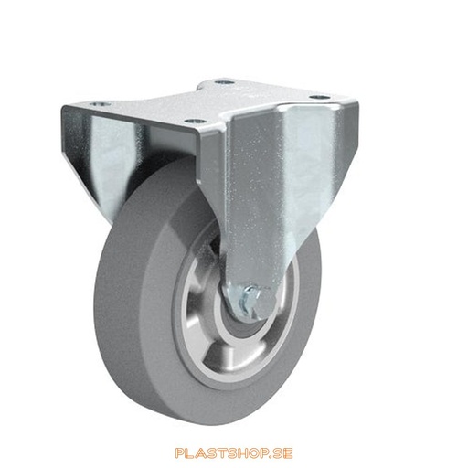 [P2005300] Fixed bracket, plate, wheel diameter 160 mm, building height 195 mm, hub in Aluminium with soft track in Elastiskt Gummi, grå. 350 kg load capacity, dubbla ball bearings