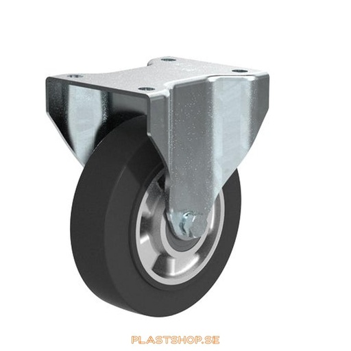 [P2005301] Fixed bracket, plate, wheel diameter 160 mm, building height 195 mm, hub in Aluminium with soft track in Elastiskt Gummi, svart. 350 kg load capacity, dubbla ball bearings