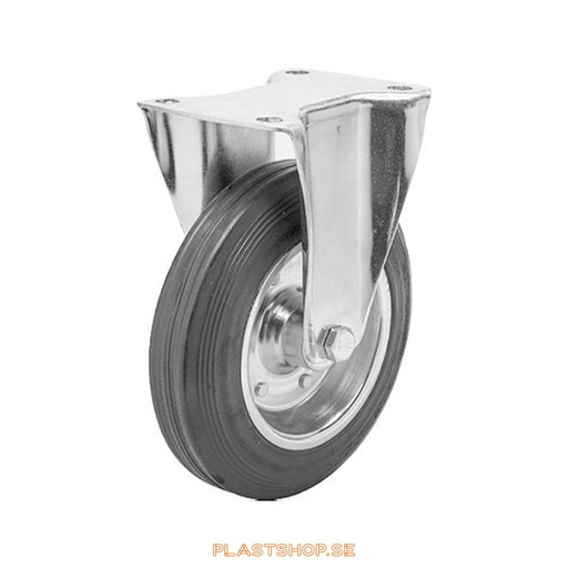 [P2005305] Fixed bracket, plate, wheel diameter 160 mm, building height 196 mm, hub in Plåt with soft track in Gummi, svart. 140 kg load capacity, roller bearings