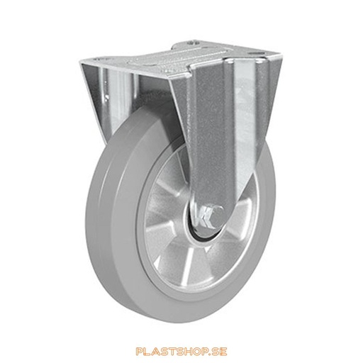 [P2005311] Fixed bracket, plate, wheel diameter 200 mm, building height 236 mm, hub in Aluminium with soft track in Elastiskt Gummi, grå. 400 kg load capacity, dubbla ball bearings