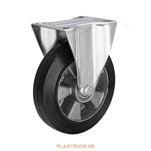 [P2005312] Fixed bracket, plate, wheel diameter 200 mm, building height 236 mm, hub in Aluminium with soft track in Elastiskt Gummi, svart. 400 kg load capacity, dubbla ball bearings