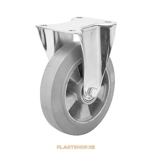 [P2005314] Fixed bracket, plate, wheel diameter 200 mm, building height 239 mm, hub in Aluminium with soft track in Elastiskt Gummi, grå. 400 kg load capacity, dubbla ball bearings