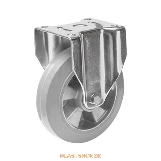 [P2005316] Fixed bracket, plate, wheel diameter 200 mm, building height 239 mm, hub in Aluminium with soft track in Elastiskt Gummi, grå. 450 kg load capacity, dubbla ball bearings