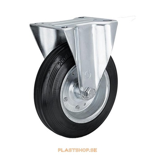 [P2005330] Fixed bracket, plate, wheel diameter 200 mm, building height 236 mm, hub in Plåt with soft track in Gummi, svart. 205 kg load capacity, roller bearings