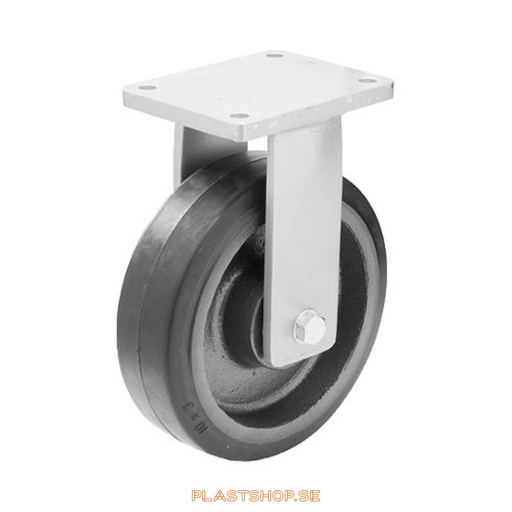 [P2005341] Fixed bracket, plate, wheel diameter 250 mm, building height 314 mm, hub in Gjutjärn with soft track in Elastiskt Gummi, svart. 750 kg load capacity, dubbla ball bearings