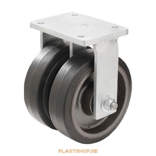 [P2005375] Fixed bracket, plate, wheel diameter 300 mm, building height 375 mm, hub in Gjutjärn with soft track in Elastiskt Gummi, svart. 1700 kg load capacity, dubbla ball bearings