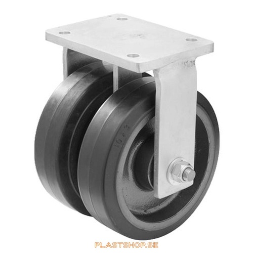 [P2005376] Fixed bracket, plate, wheel diameter 400 mm, building height 475 mm, hub in Gjutjärn with soft track in Elastiskt Gummi, svart. 2150 kg load capacity, dubbla ball bearings