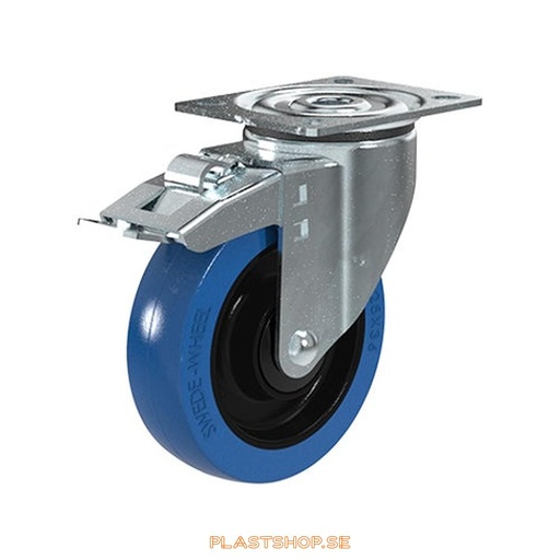 [P2005384] Hjul, platta, hjuldiameter 125 mm, bygghöjd 157 mm, nav i Nylon PA6 med mjuk bana i Elastiskt Gummi, blå färg. 225 kg bärighet, kullager