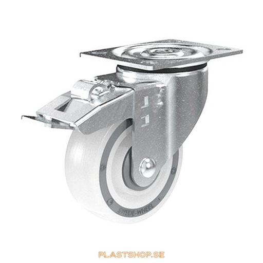 [P2005473] Link wheel, with total brake, plate, wheel diameter 100 mm, building height 132 mm, hard wheel in solid Polypropen (PP), natur. 160 kg load capacity, ball bearings