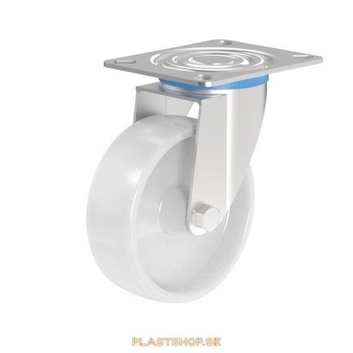 [P2005483] Länkhjul, utan broms, platta, hjuldiameter 100 mm, bygghöjd 127 mm, hårt hjul i massiv Nylon PA6, vit färg. 130 kg bärighet, glidlager