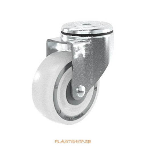 [P2005484] Länkhjul, utan broms, centrumhål, hjuldiameter 100 mm, bygghöjd 132 mm, hårt hjul i massiv Polypropen (PP), natur färg. 170 kg bärighet, kullager