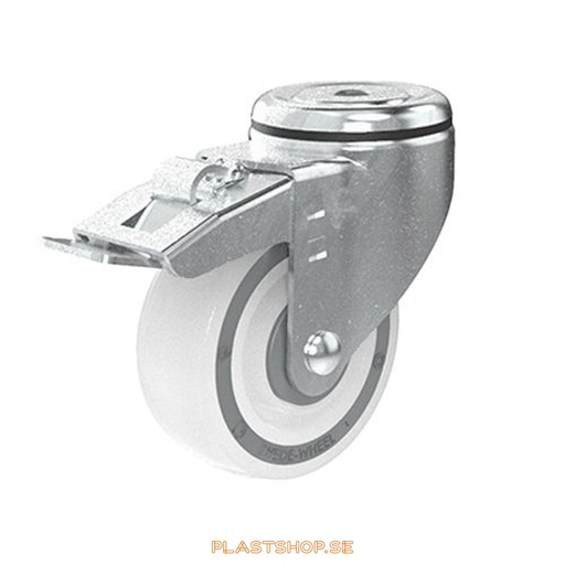 [P2005485] Link wheel, with total brake, center hole, wheel diameter 100 mm, building height 132 mm, hard wheel in solid Polypropen (PP), natur. 160 kg load capacity, ball bearings