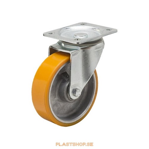 [P2005491] Länkhjul, utan broms, platta, hjuldiameter 100 mm, bygghöjd 130 mm, nav i Aluminium med mjuk bana i Polyuretan, orange färg. 200 kg bärighet, dubbla kullager