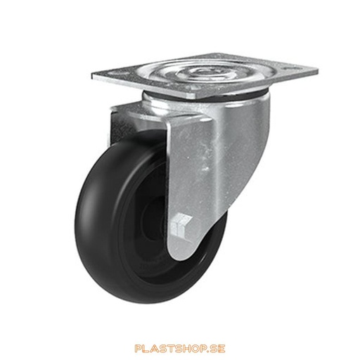 [P2005494] Link wheel, without brake, plate, wheel diameter 100 mm, building height 128 mm, hub in Polypropen (PP) with soft track in TPE, svart. 100 kg load capacity, slide bearings