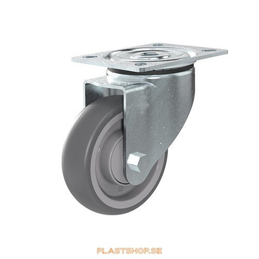 [P2005495] Länkhjul, utan broms, platta, hjuldiameter 100 mm, bygghöjd 128 mm, nav i Polypropen (PP) med mjuk bana i TPE, grå färg. 100 kg bärighet, kullager