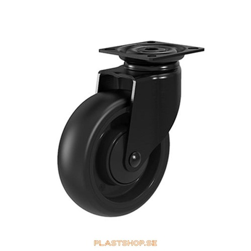 [P2005496] Länkhjul, utan broms, platta, hjuldiameter 100 mm, bygghöjd 126 mm, nav i Polypropen (PP) med mjuk bana i TPE, grå färg. 70 kg bärighet, kullager