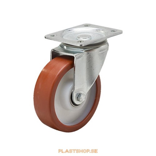 [P2005498] Länkhjul, utan broms, platta, hjuldiameter 100 mm, bygghöjd 130 mm, nav i Nylon PA6 med mjuk bana i Polyuretan, röd färg. 300 kg bärighet, dubbla kullager