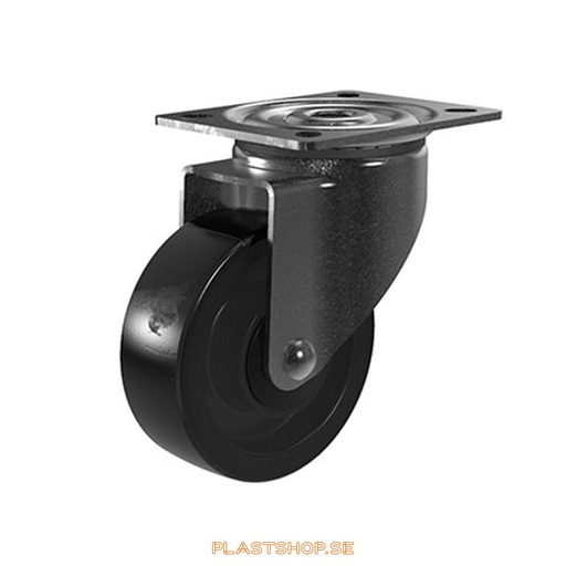 [P2005499] Länkhjul, utan broms, platta, hjuldiameter 100 mm, bygghöjd 132 mm, nav i Nylon PA6 med mjuk bana i Polyuretan, svart färg. 225 kg bärighet, kullager