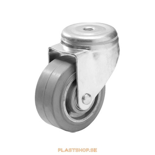 [P2005502] Länkhjul, utan broms, centrumhål, hjuldiameter 100 mm, bygghöjd 132 mm, nav i Aluminium med mjuk bana i Elastiskt Gummi, grå färg. 225 kg bärighet, dubbla kullager