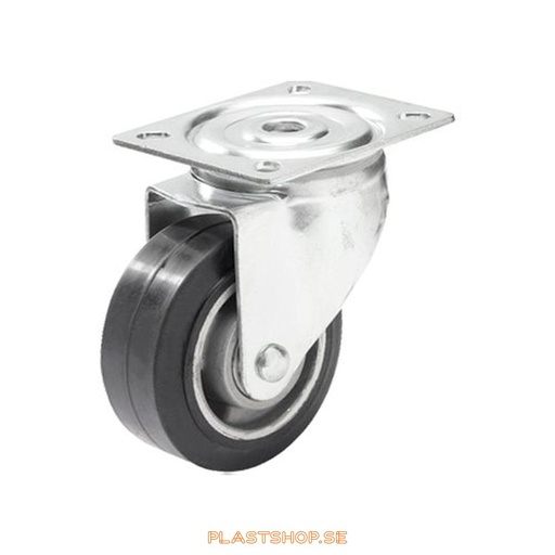 [P2005505] Link wheel, without brake, plate, wheel diameter 100 mm, building height 132 mm, hub in Aluminium with soft track in Elastiskt Gummi, svart. 225 kg load capacity, dubbla ball bearings