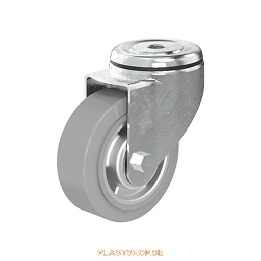 [P2005507] Link wheel, without brake, center hole, wheel diameter 100 mm, building height 128 mm, hub in Aluminium with soft track in Elastiskt Gummi, grå. 225 kg load capacity, dubbla ball bearings