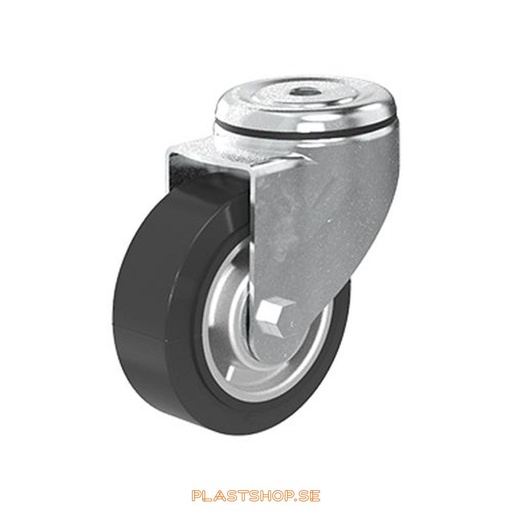 [P2005508] Link wheel, without brake, center hole, wheel diameter 100 mm, building height 128 mm, hub in Aluminium with soft track in Elastiskt Gummi, svart. 225 kg load capacity, dubbla ball bearings