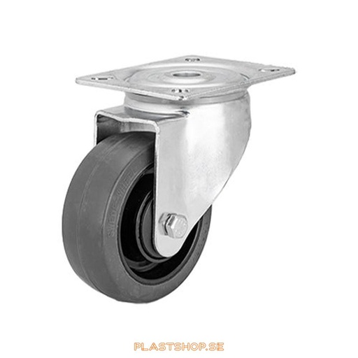 [P2005509] Link wheel, without brake, plate, wheel diameter 100 mm, building height 128 mm, hub in Nylon PA6 with soft track in Elastiskt Gummi, grå. 250 kg load capacity, ball bearings