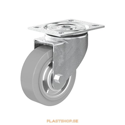 [P2005510] Länkhjul, utan broms, platta, hjuldiameter 100 mm, bygghöjd 128 mm, nav i Aluminium med mjuk bana i Elastiskt Gummi, grå färg. 225 kg bärighet, dubbla kullager