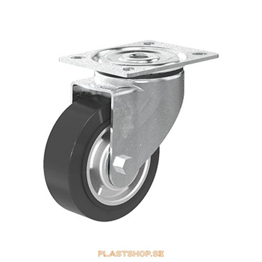 [P2005511] Länkhjul, utan broms, platta, hjuldiameter 100 mm, bygghöjd 128 mm, nav i Aluminium med mjuk bana i Elastiskt Gummi, svart färg. 225 kg bärighet, dubbla kullager