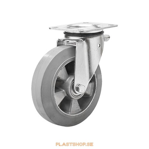 [P2005512] Länkhjul, utan broms, platta, hjuldiameter 100 mm, bygghöjd 140 mm, nav i Aluminium med mjuk bana i Elastiskt Gummi, grå färg. 225 kg bärighet, dubbla kullager