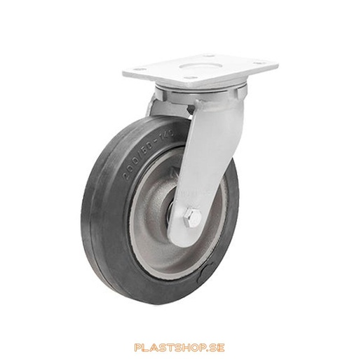 [P2005515] Link wheel, without brake, plate, wheel diameter 100 mm, building height 145 mm, hub in Gjutjärn with soft track in Elastiskt Gummi, svart. 210 kg load capacity, dubbla ball bearings