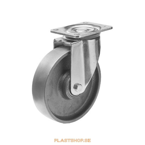 [P2005517] Link wheel, without brake, plate, wheel diameter 100 mm, building height 142 mm, hard wheel in solid Gjutjärn. 400 kg load capacity, dubbla ball bearings