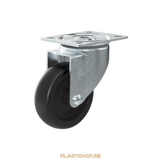[P2005520] Länkhjul, utan broms, platta, hjuldiameter 100 mm, bygghöjd 132 mm, nav i Polypropen (PP) med mjuk bana i TPE, svart färg. 70 kg bärighet, glidlager