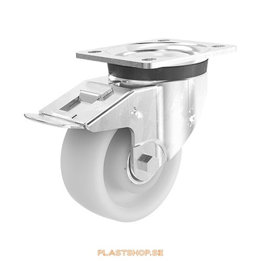 [P2005524] Link wheel, with total brake, plate, wheel diameter 100 mm, building height 130 mm, hard wheel in solid Nylon PA6, natur. 500 kg load capacity, dubbla ball bearings