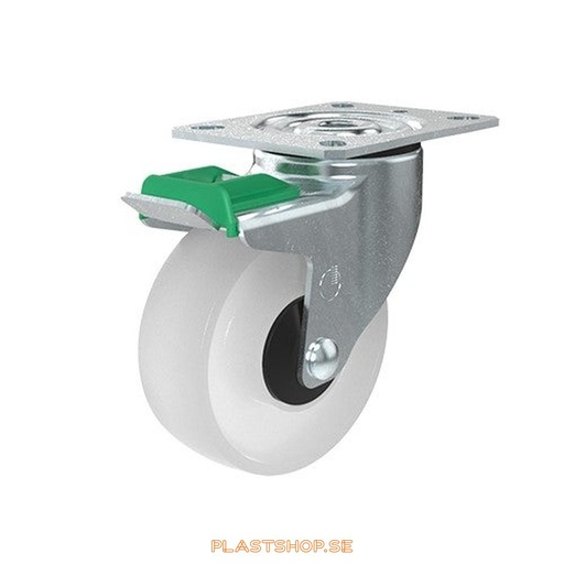 [P2005527] Link wheel, with total brake, plate, wheel diameter 100 mm, building height 128 mm, hard wheel in solid Polypropen (PP), natur. 160 kg load capacity, ball bearings