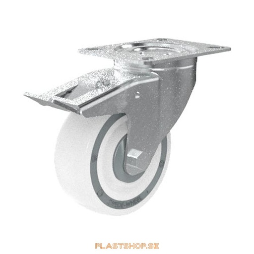 [P2005529] Link wheel, with total brake, plate, wheel diameter 100 mm, building height 128 mm, hard wheel in solid Polypropen (PP), natur. 150 kg load capacity, ball bearings