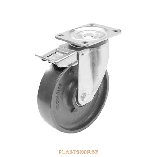 [P2005536] Link wheel, with total brake, plate, wheel diameter 100 mm, building height 142 mm, hard wheel in solid Gjutjärn. 400 kg load capacity, dubbla ball bearings