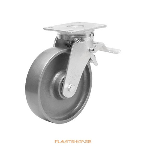 [P2005537] Link wheel, with total brake, plate, wheel diameter 100 mm, building height 145 mm, hard wheel in solid Gjutjärn. 450 kg load capacity, dubbla ball bearings