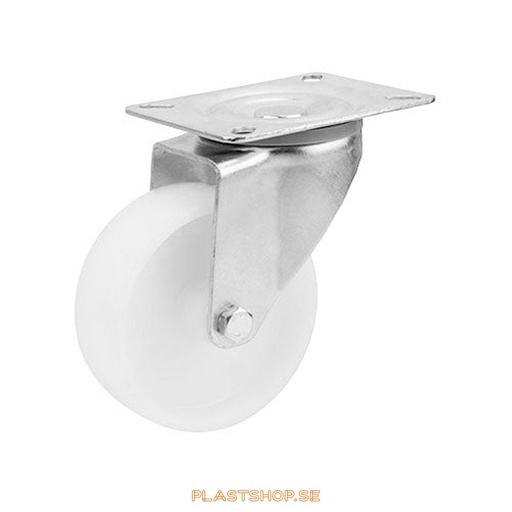 [P2005542] Link wheel, without brake, plate, wheel diameter 100 mm, building height 128 mm, hard wheel in solid Polypropen (PP), white color. 150 kg load capacity, slide bearings