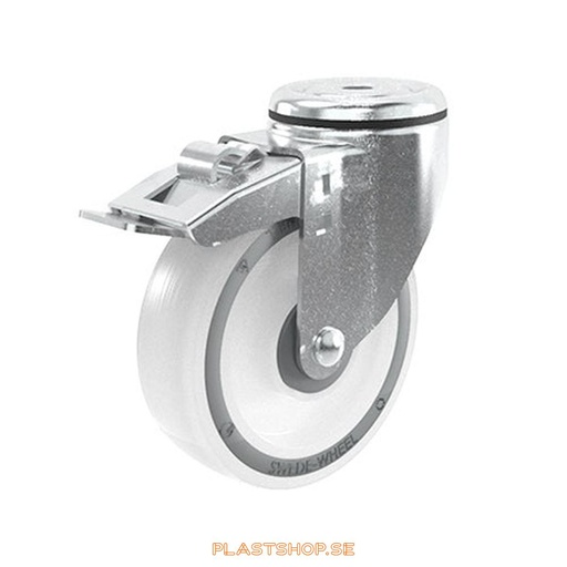 [P2005560] Link wheel, with total brake, center hole, wheel diameter 125 mm, building height 157 mm, hard wheel in solid Polypropen (PP), natur. 160 kg load capacity, ball bearings