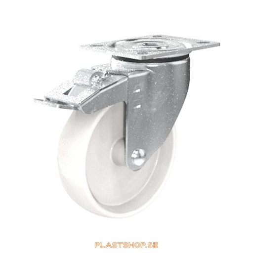 [P2005562] Link wheel, with total brake, plate, wheel diameter 125 mm, building height 157 mm, hard wheel in solid Polypropen (PP), natur. 160 kg load capacity, slide bearings