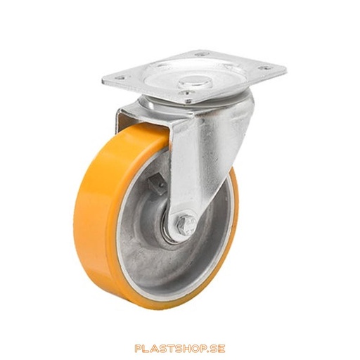 [P2005579] Länkhjul, utan broms, platta, hjuldiameter 125 mm, bygghöjd 156 mm, nav i Aluminium med mjuk bana i Polyuretan, orange färg. 350 kg bärighet, dubbla kullager